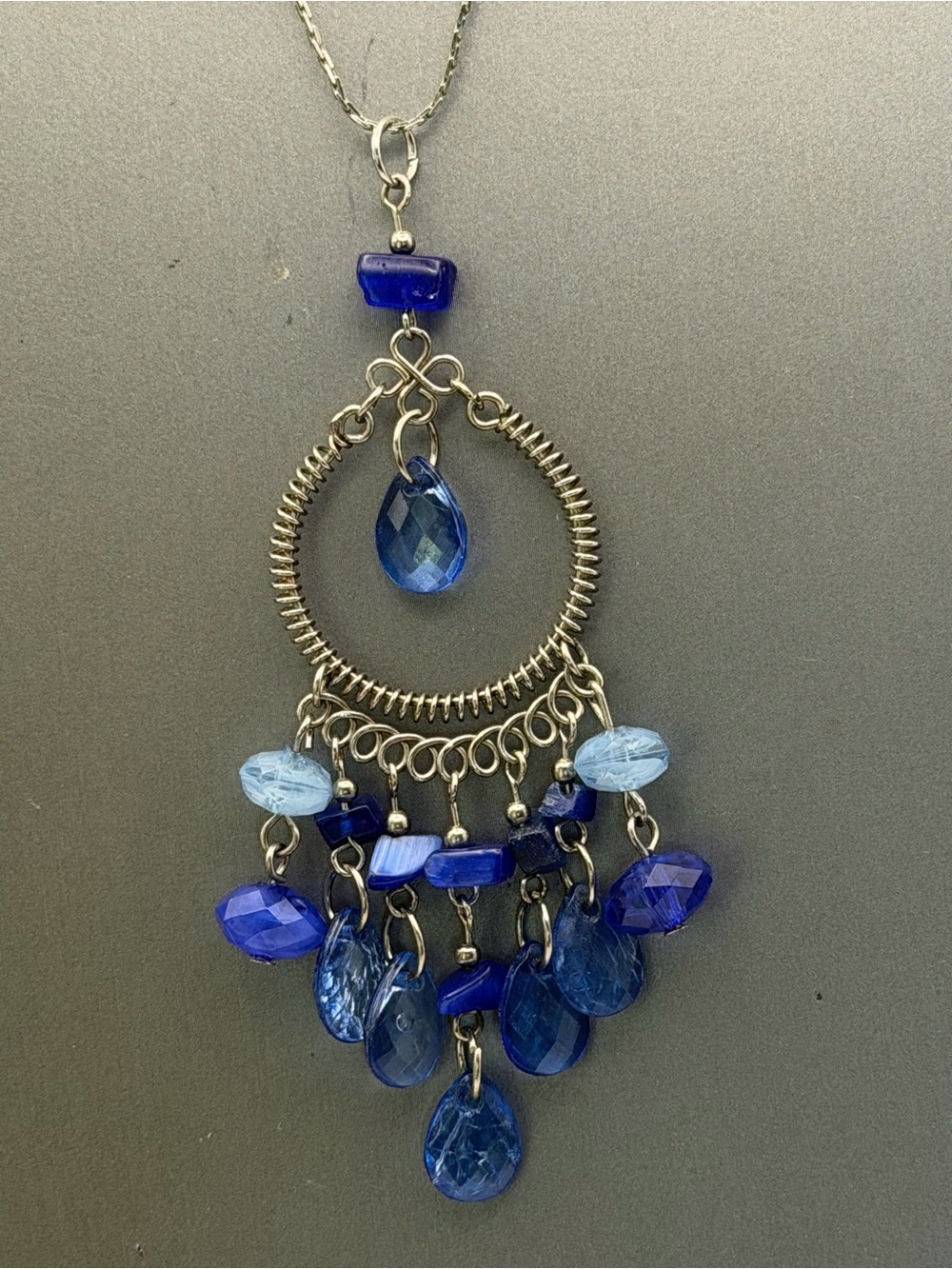 Sky Blue Chandelier Teardrop Dangle Pendant 15” Necklace Silver Tone